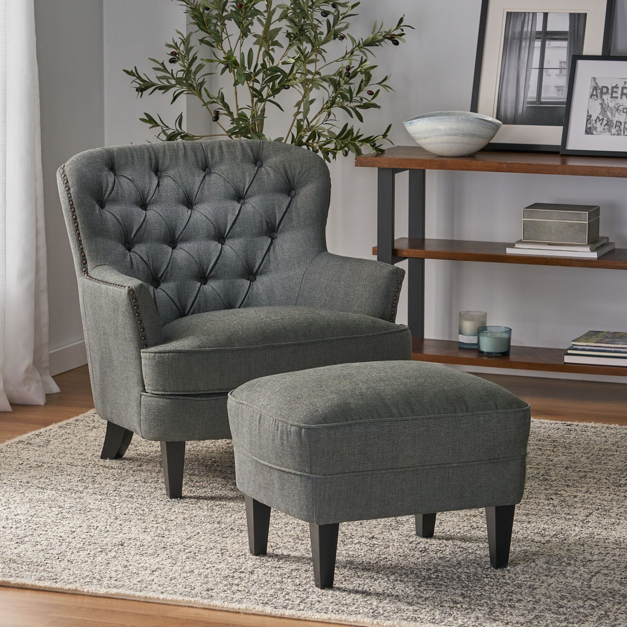 Modern grey fabric club chair and Ottoman set, stylish cushioned armchair, paired with Ottoman style