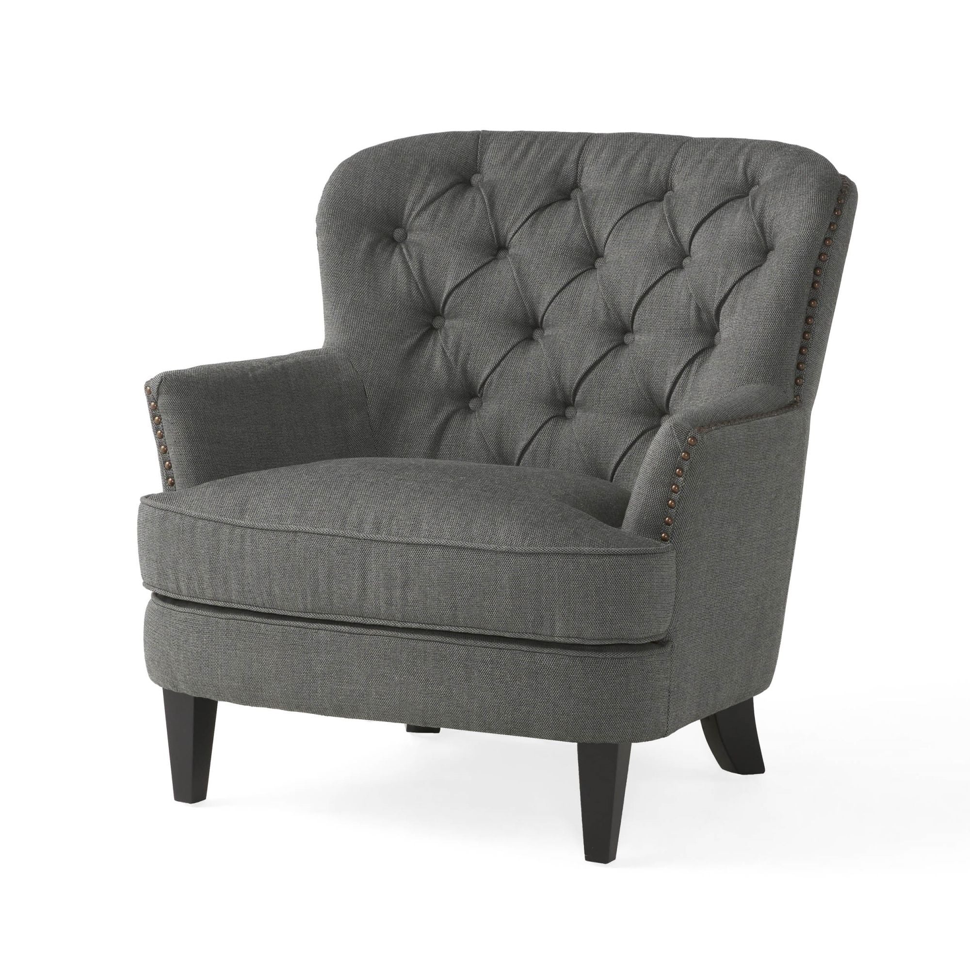 Modern grey fabric club chair and Ottoman set, stylish cushioned armchair, paired with Ottoman style