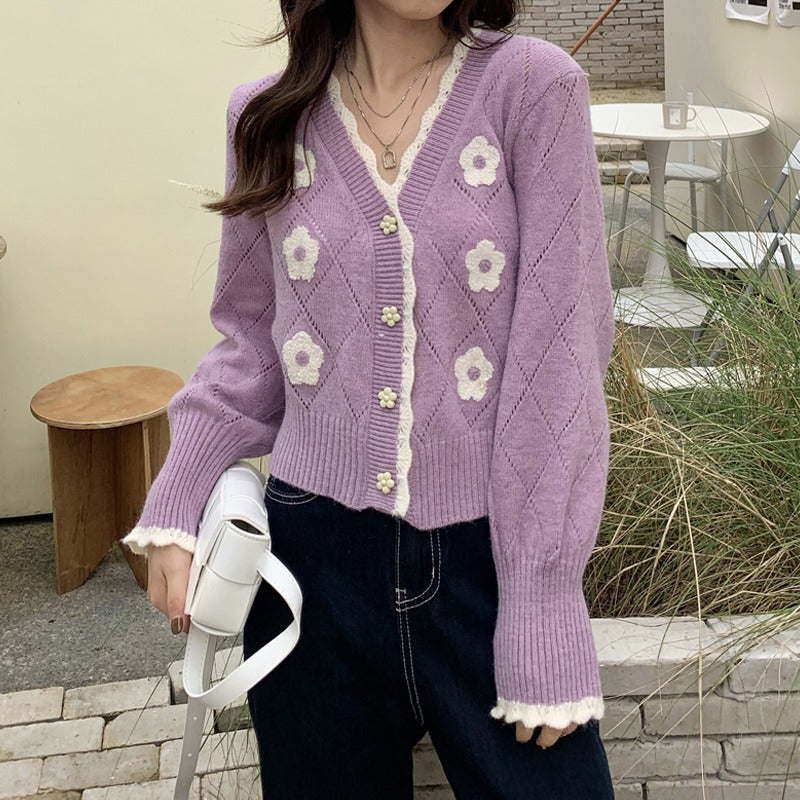 Sweet flower knitted cardigan for women