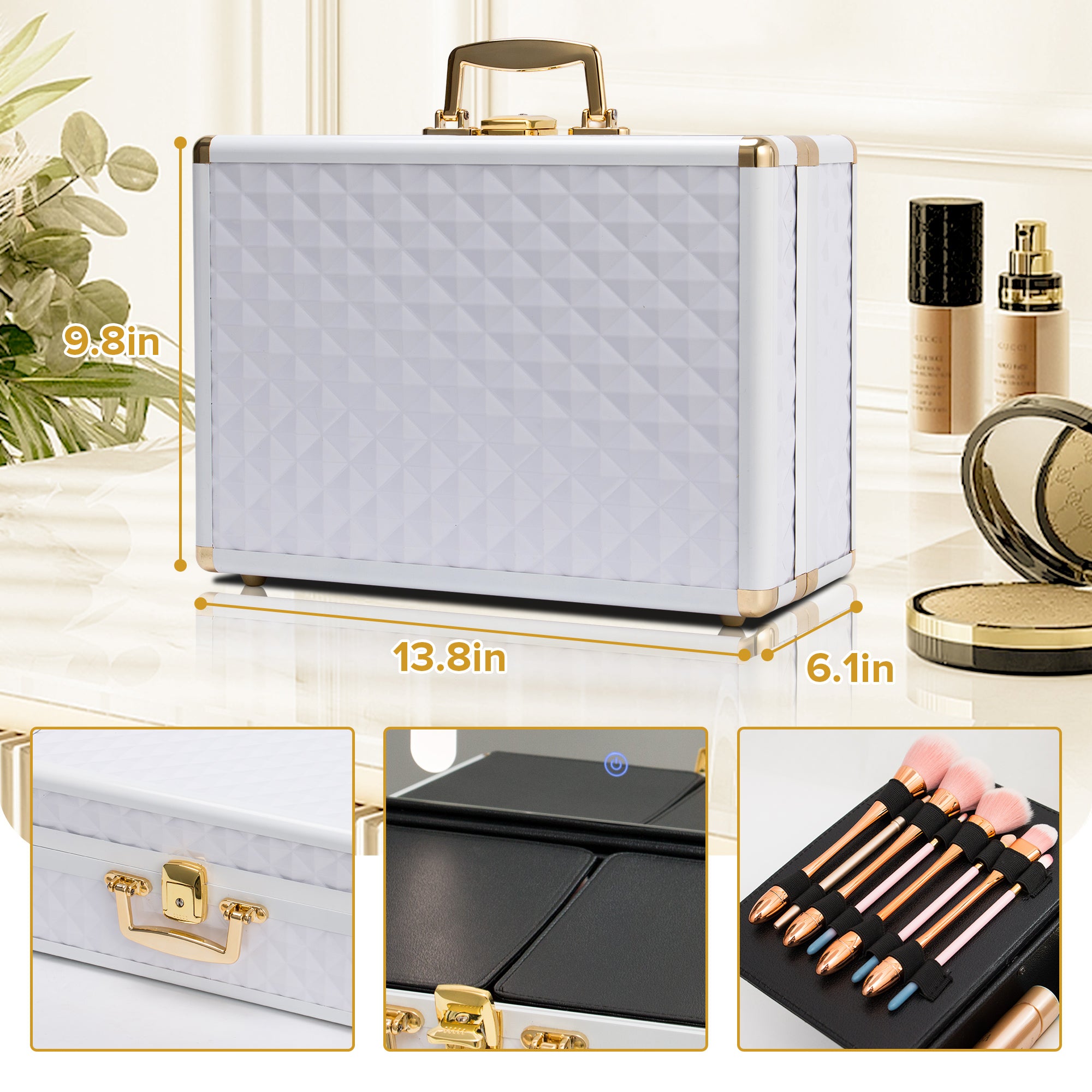 Portable makeup case, travel makeup bag with LED mirror, locked makeup storage box, brush holder, divider, rechargeable, white