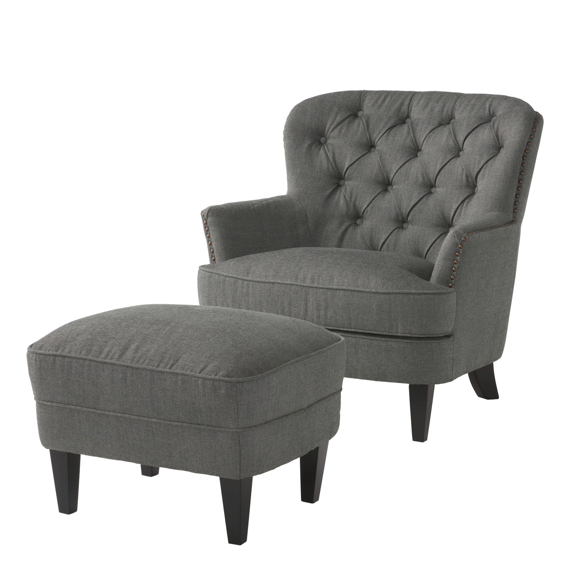 Modern grey fabric club chair and Ottoman set, stylish cushioned armchair, paired with Ottoman style