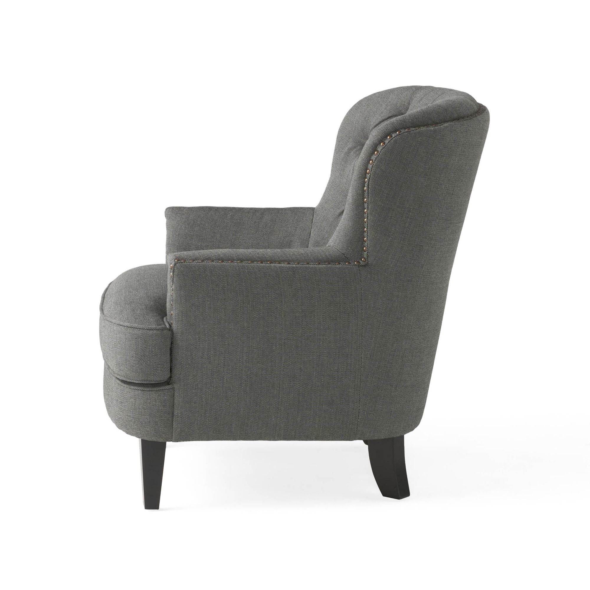 Modern grey fabric club chair and Ottoman set, stylish cushioned armchair, paired with Ottoman style