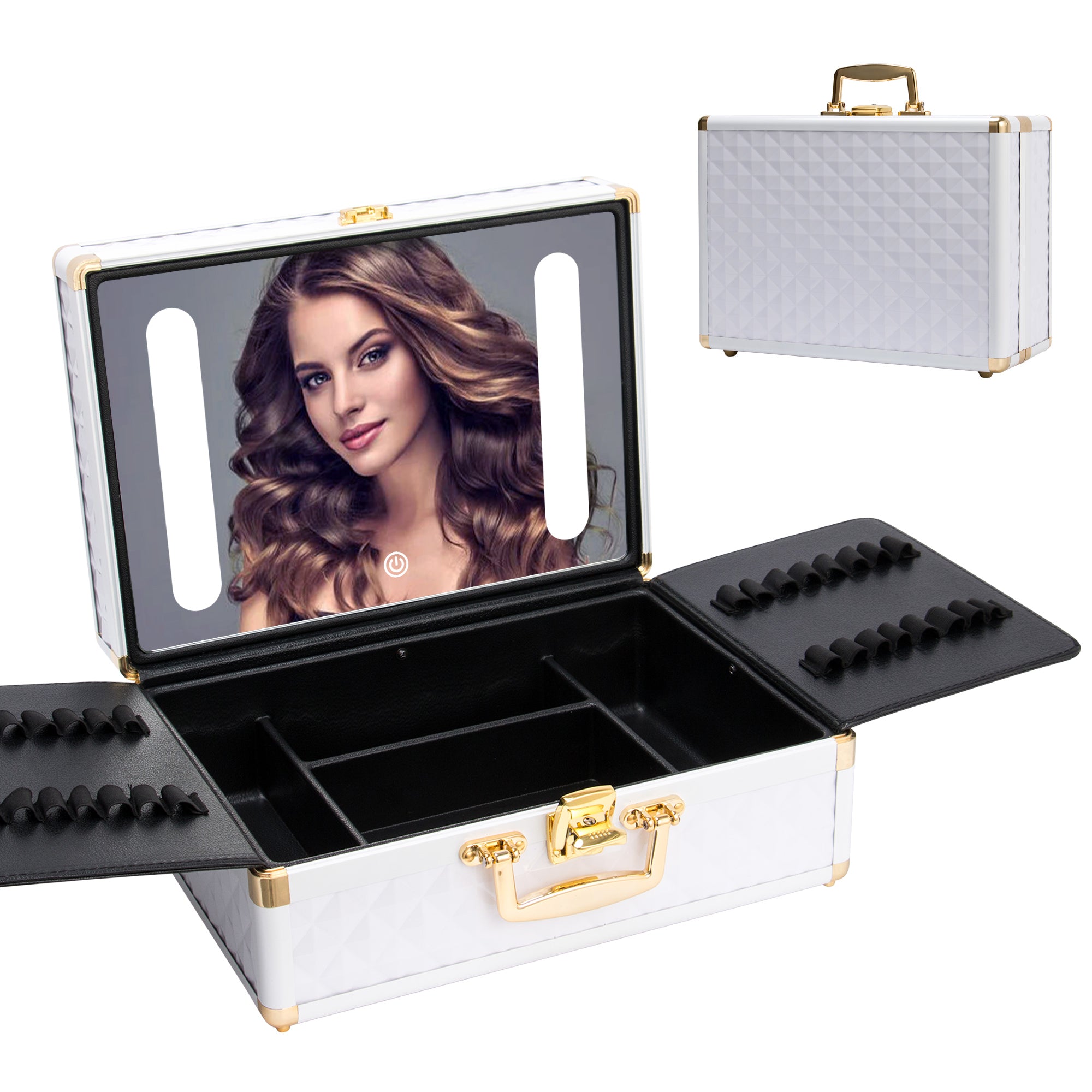 Portable makeup case, travel makeup bag with LED mirror, locked makeup storage box, brush holder, divider, rechargeable, white