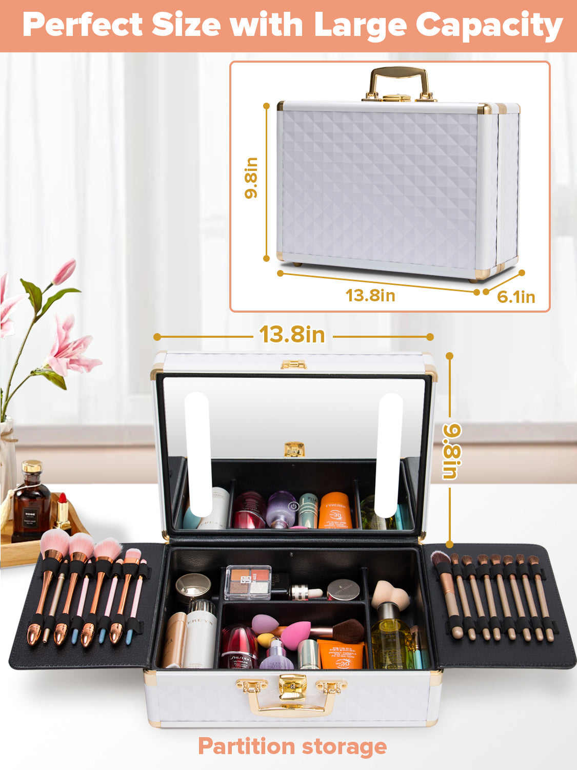 Portable makeup case, travel makeup bag with LED mirror, locked makeup storage box, brush holder, divider, rechargeable, white