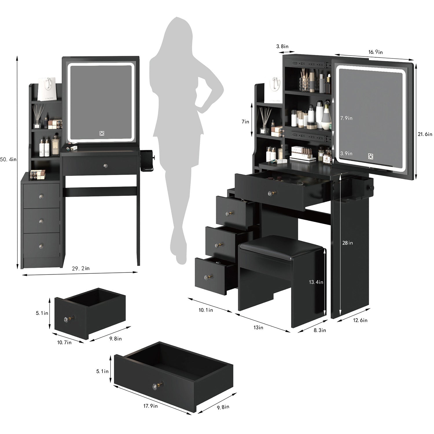 Dressing table+cushioned stool, 2 AC+2 USB power supplies, touch sliding LED mirror, tri color switch