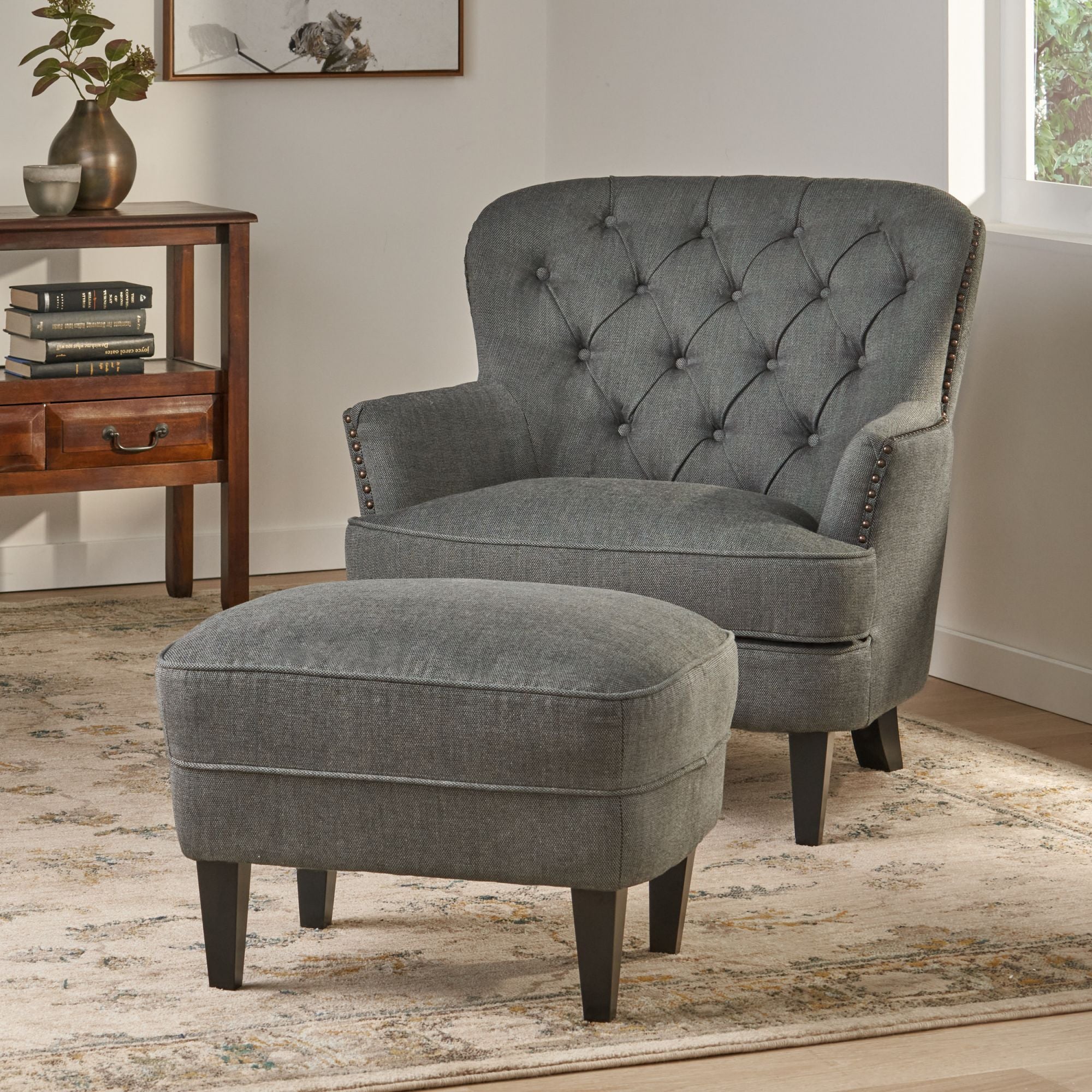 Modern grey fabric club chair and Ottoman set, stylish cushioned armchair, paired with Ottoman style