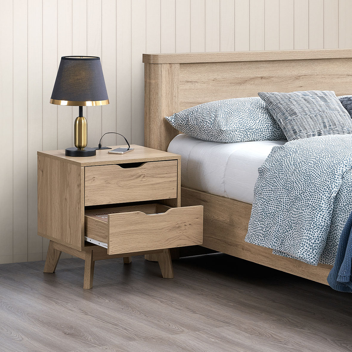 NORDICA bedside table with USB and Type-C charging station, drawer slide pre installed with natural oak wood