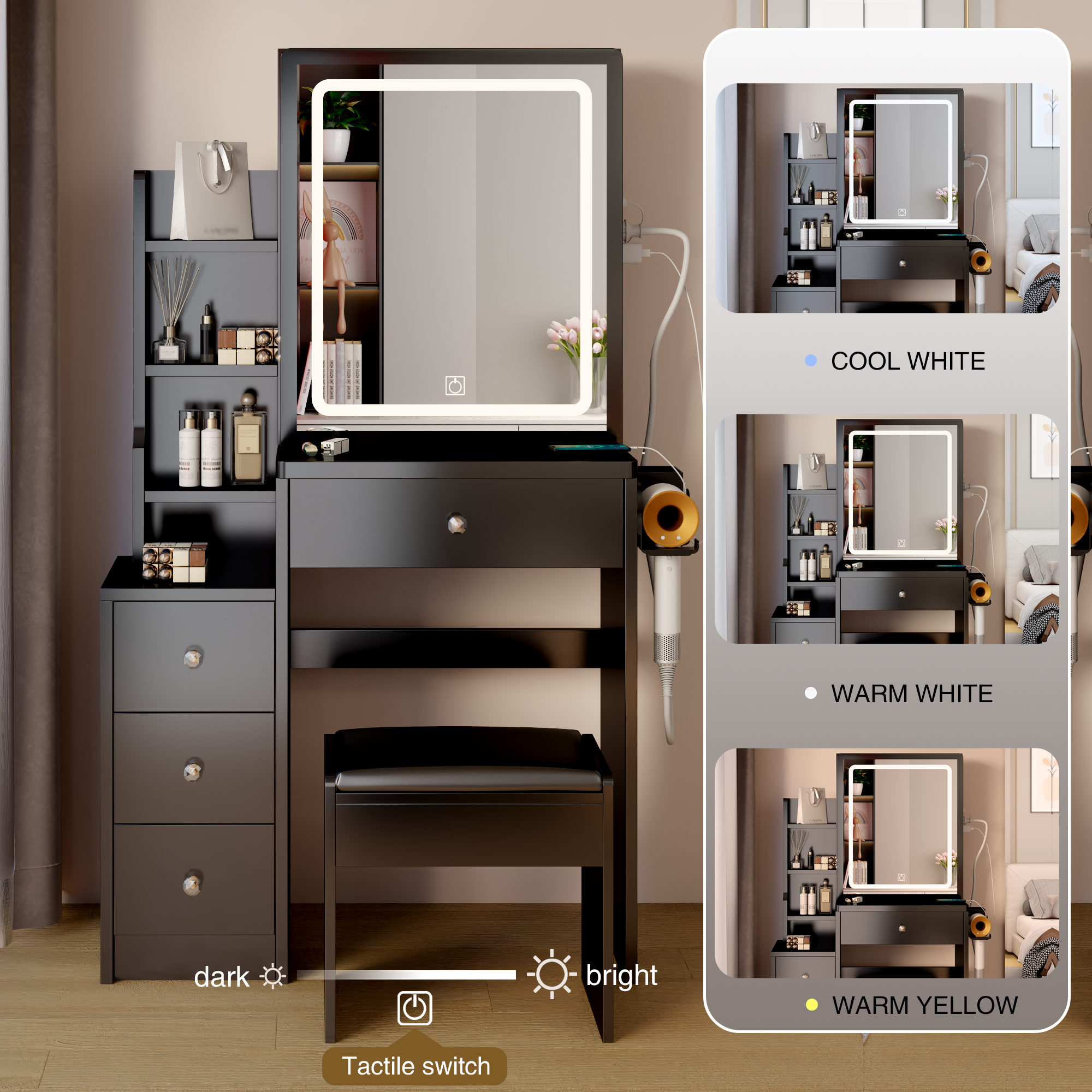 Dressing table+cushioned stool, 2 AC+2 USB power supplies, touch sliding LED mirror, tri color switch