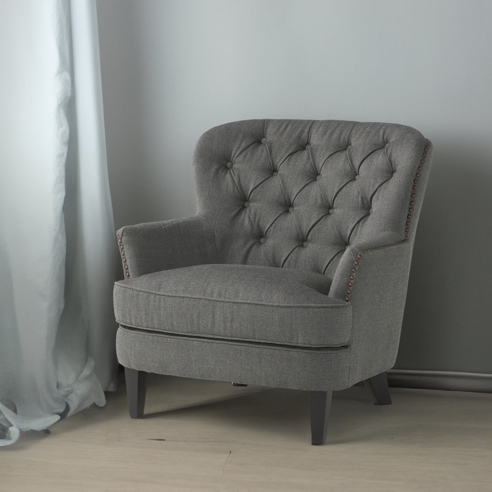 Modern grey fabric club chair and Ottoman set, stylish cushioned armchair, paired with Ottoman style