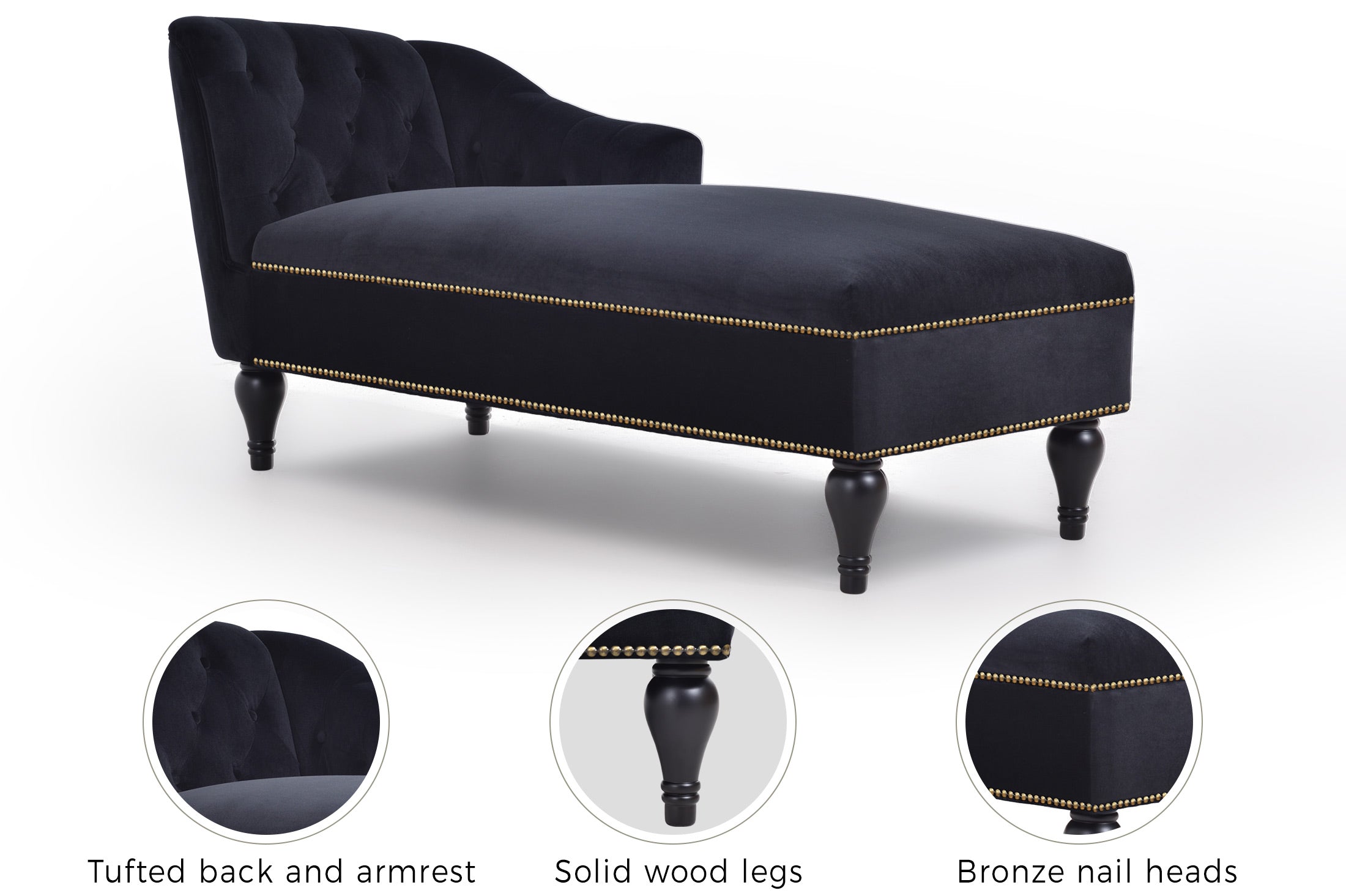 58 inch velvet lounge chair, button cluster right arm lounge chair with nail head decoration and solid wood legs