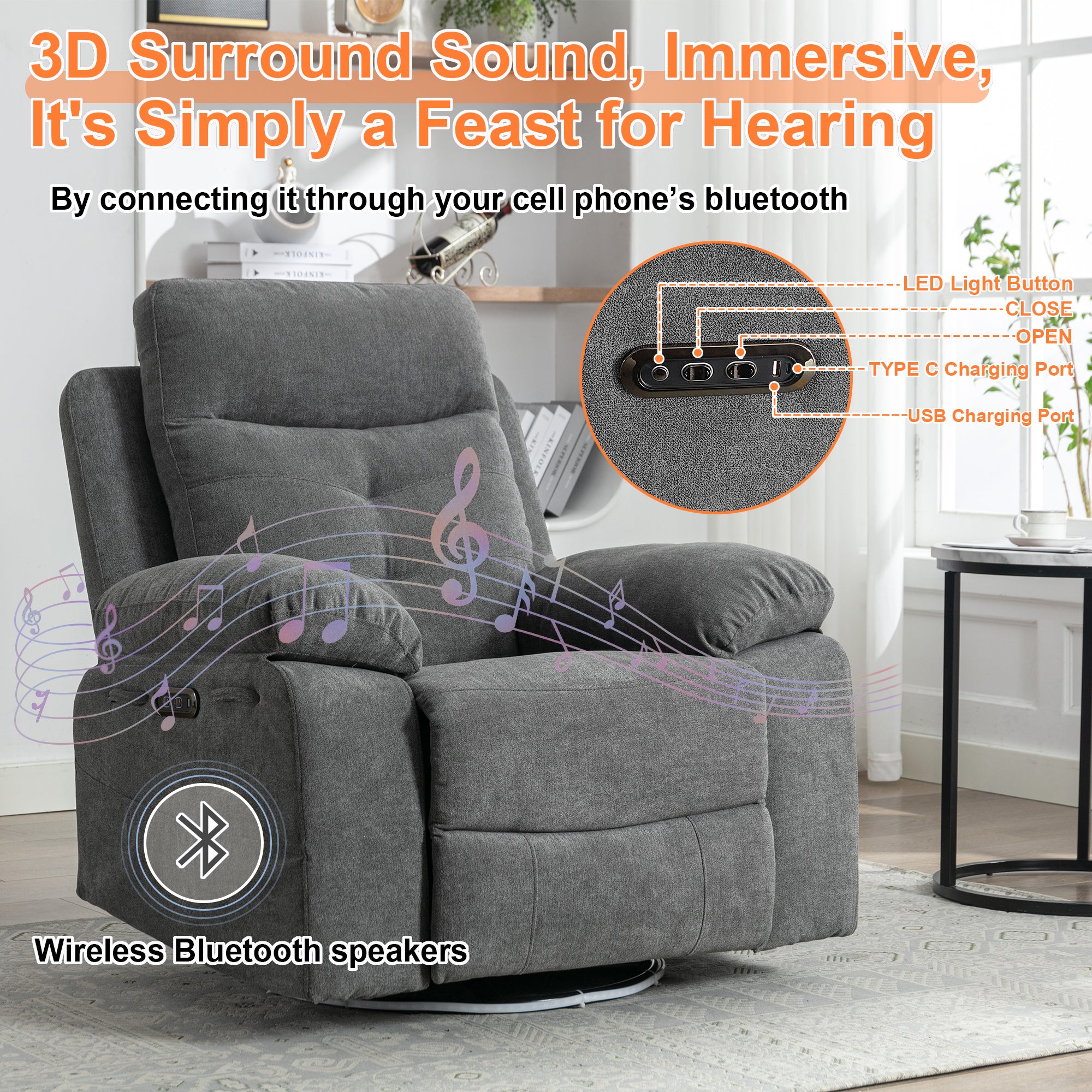 270 degree rotating electric lounge chair with Bluetooth speaker, LED light, telescopic foot pedal adjustable backrest DG