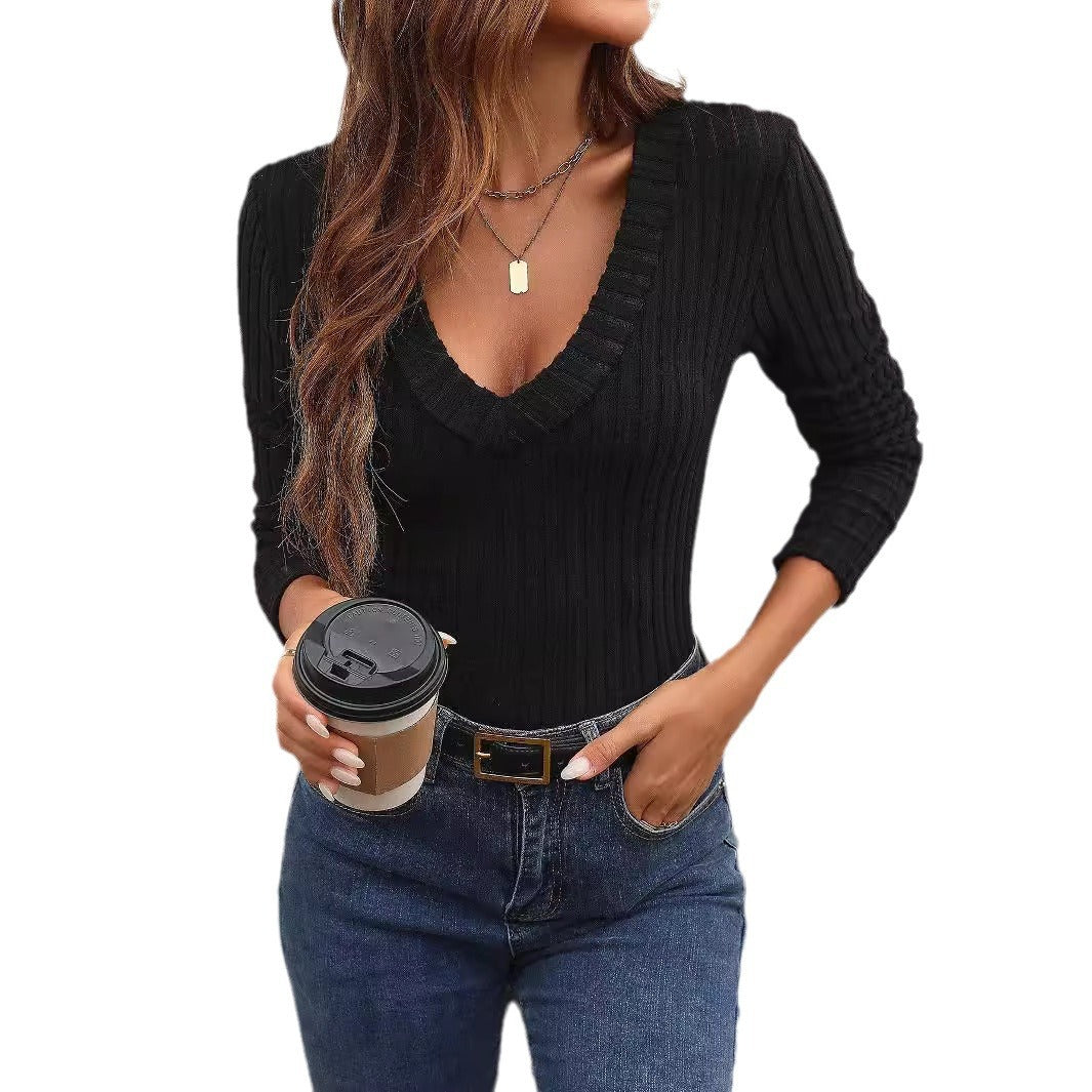 European And American Rib Slim V-neck Elegant Long Sleeve