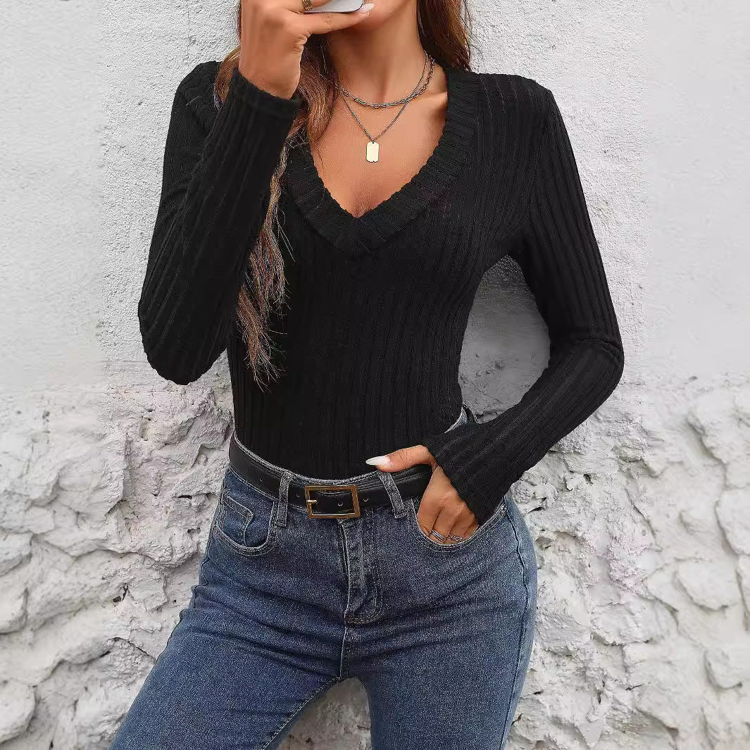 European And American Rib Slim V-neck Elegant Long Sleeve